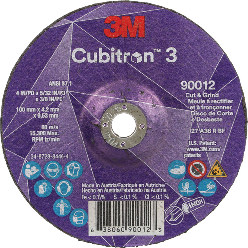 Meule &agrave; rectifier et &agrave; tronçonner Cubitron 3, 4" x 5/32", Arbre de 3/8", Type 27, Grain de 36, C&eacute;ramique Dufferin Supply