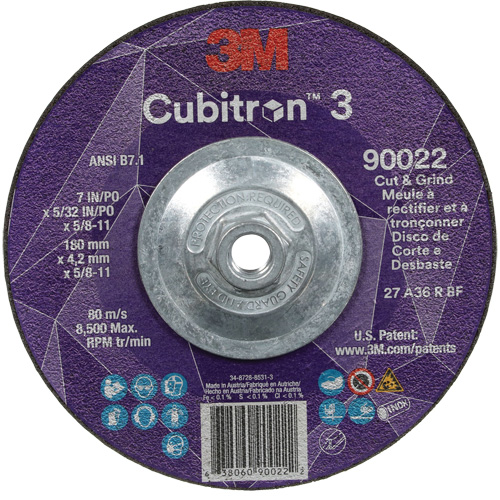 Cubitron 3 Cut and Grind Wheel, 7" x 5/32", 5/8"-11 Arbor, Type 27, 36 Grit, Ceramic Dufferin Supply