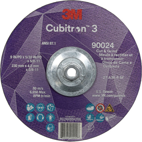 Meule &agrave; rectifier et &agrave; tronçonner Cubitron 3, 9" x 5/32", Arbre de 5/8"-11, Type 27, Grain de 36, C&eacute;ramique Dufferin Supply