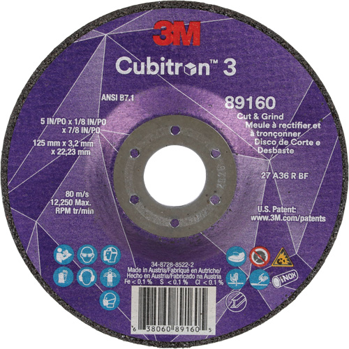 Meule &agrave; rectifier et &agrave; tronçonner Cubitron 3, 5" x 1/8", Arbre de 7/8", Type 27, Grain de 36, C&eacute;ramique Dufferin Supply