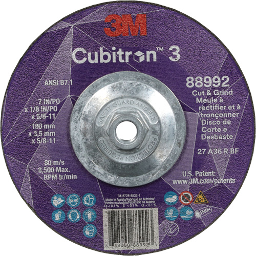 Cubitron 3 Cut and Grind Wheel, 7" x 1/8", 5/8"-11 Arbor, Type 27, 36 Grit, Ceramic Dufferin Supply