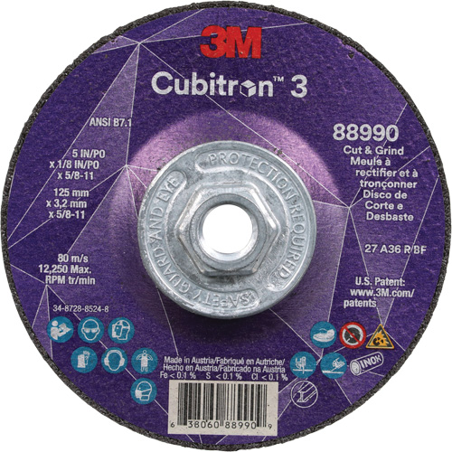 Cubitron 3 Cut and Grind Wheel, 5" x 1/8", 5/8"-11 Arbor, Type 27, 36 Grit, Ceramic Dufferin Supply