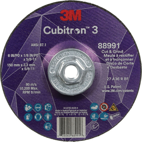 Meule &agrave; rectifier et &agrave; tronçonner Cubitron 3, 6" x 1/8", Arbre de 5/8"-11, Type 27, Grain de 36, C&eacute;ramique Dufferin Supply