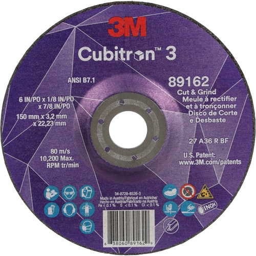 Cubitron 3 Cut and Grind Wheel, 6" x 1/8", 7/8" Arbor, Type 27, 36 Grit, Ceramic Dufferin Supply