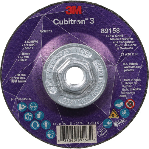 Cubitron 3 Cut and Grind Wheel, 4-1/2" x 1/8", 5/8"-11 Arbor, Type 27, 36 Grit, Ceramic Dufferin Supply