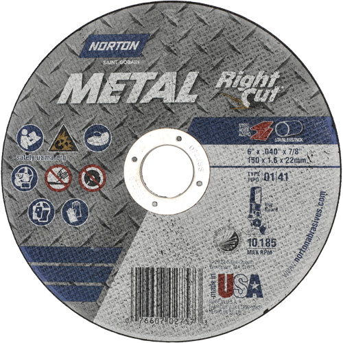 Metal RightCut Right Angle Cut-Off Wheel, 6" x 0.04", 7/8" Arbor, Type 01/41, Aluminum Oxide, 10185 RPM Dufferin Supply