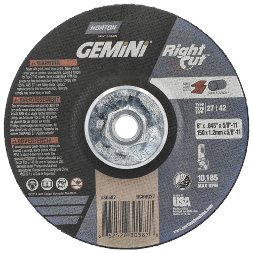 Gemini RightCut Right Angle Cut-Off Wheel, 6" x 0.045", 5/8"-11 Arbor, Type 27/42, Aluminum Oxide, 10185 RPM Dufferin Supply