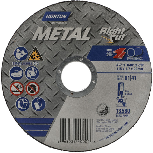 Metal RightCut Right Angle Cut-Off Wheel, 4-1/2" x 0.045", 7/8" Arbor, Type 01/41, Aluminum Oxide, 13580 RPM Dufferin Supply
