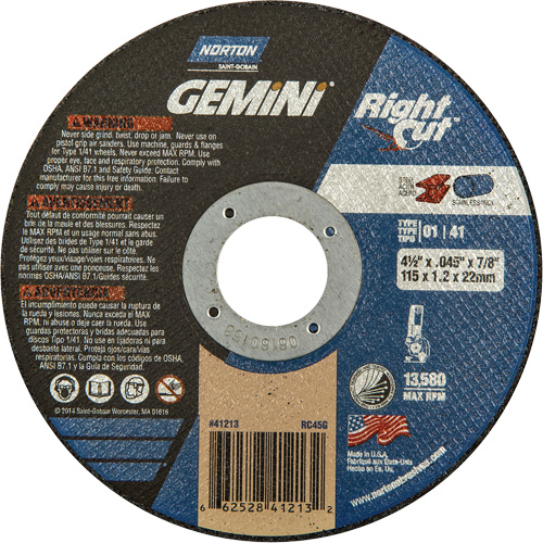 Gemini RightCut Right Angle Cut-Off Wheel, 4-1/2" x 0.045", 7/8" Arbor, Type 01/41, Aluminum Oxide, 13580 RPM Dufferin Supply