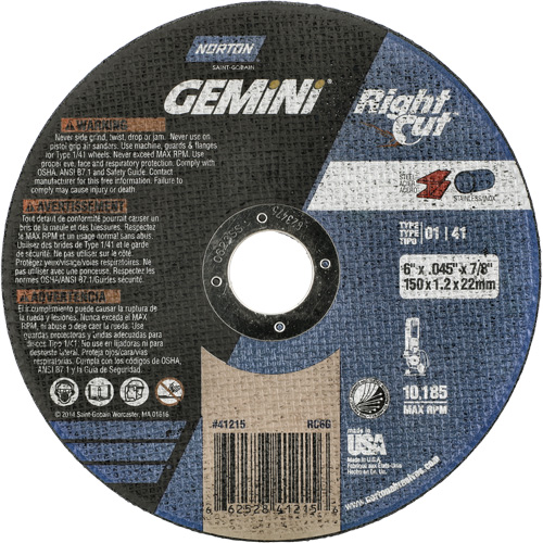 Meule &agrave; tronçonner pour coupe &agrave; angle droit RightCut Gemini, 6" x 0,045", Arbre de 7/8", Type 01/41, Oxyde d'aluminium, 10185 Tr/min Dufferin Supply