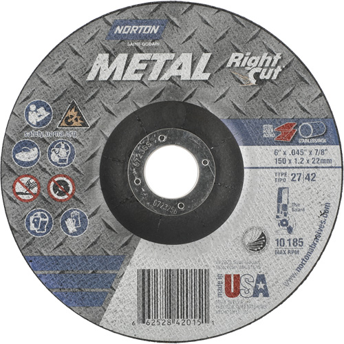 Meule &agrave; tronçonner m&eacute;tallique pour coupe &agrave; angle droit RightCut, 6" x 0,045", Arbre de 7/8", Type 27/42, Oxyde d'aluminium, 10190 Tr/min Dufferin Supply