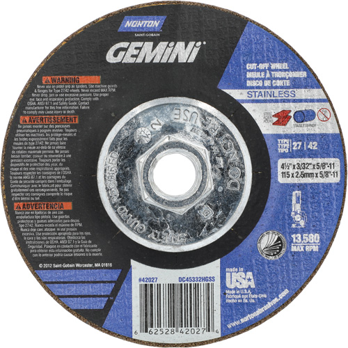 Gemini INOX/SS Right Angle Cut-Off Wheel, 4-1/2" x 3/32", 5/8"-11 Arbor, Type 27/42, Aluminum Oxide, 13580 RPM Dufferin Supply