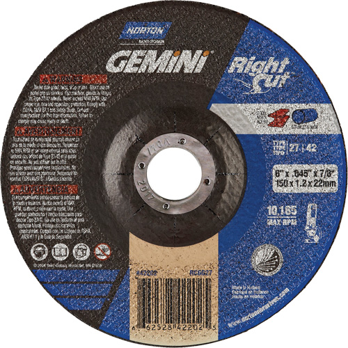 Gemini RightCut Right Angle Cut-Off Wheel, 6" x 0.045", 7/8" Arbor, Type 27/42, Aluminum Oxide, 10185 RPM Dufferin Supply