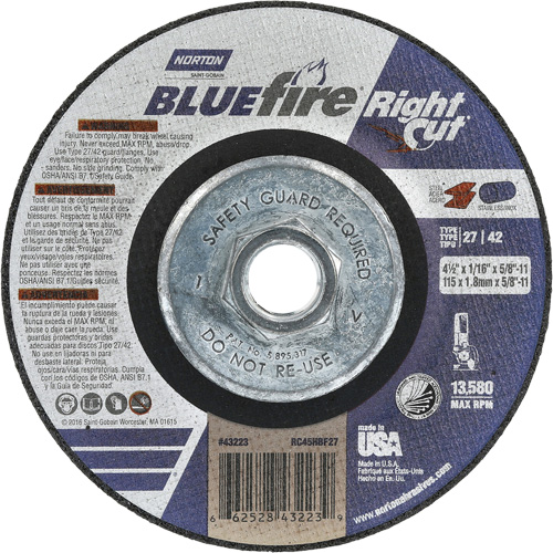Meule &agrave; tronçonner pour coupe &agrave; angle droit RightCut BlueFire, 4-1/2" x 1/16", Arbre de 5/8"-11, Type 27/42, Oxyde d'aluminium, 13580 Tr/min Dufferin Supply