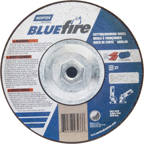 Disque de meulage et tronçonnage BlueFire, 7" x 1/8", Arbre de 5/8"-11, Type 27, Alumine de zirconium Dufferin Supply