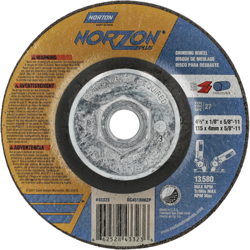 Disque de meulage et tronçonnage NorZon Plus SGZ CA, 4-1/2" x 1/8", Arbre de 5/8"-11, Type 27, C&eacute;ramique d'alumine Dufferin Supply
