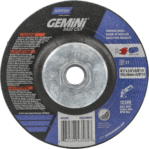 Gemini Grinding Wheel, 4-1/2" x 1/4", 5/8"-11 Arbor, Aluminum Oxide, Type 27 Dufferin Supply