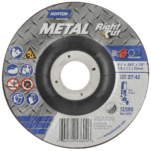 Metal RightCut Right Angle Cut-Off Wheel, 4-1/2" x 0.045", 7/8" Arbor, Type 27, Aluminum Oxide, 13580 RPM Dufferin Supply