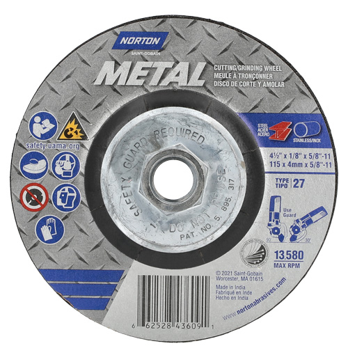 Metal Grinding & Cutting Wheel, 4-1/2" x 1/8", 5/8"-11 Arbor, Type 27, Aluminum Oxide Dufferin Supply