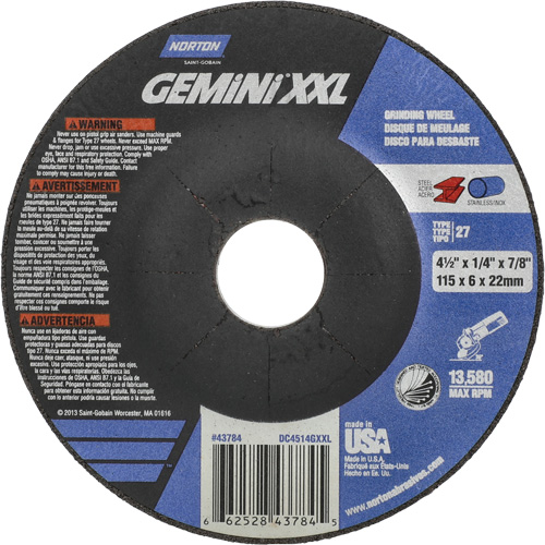 Meule XXL Gemini, 4-1/2" x 1/4", Arbre 7/8", Oxyde d'aluminium, Type 27 Dufferin Supply