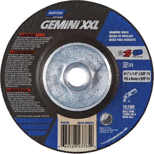 Gemini XXL Grinding Wheel, 4-1/2" x 1/4", 5/8"-11 Arbor, Aluminum Oxide, Type 27 Dufferin Supply