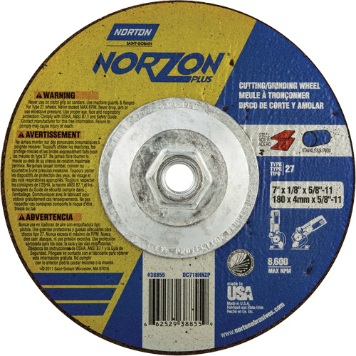 Disque de meulage et tronçonnage NorZon Plus SGZ, 7" x 1/8", Arbre de 5/8"-11, Type 27, C&eacute;ramique d'alumine Dufferin Supply