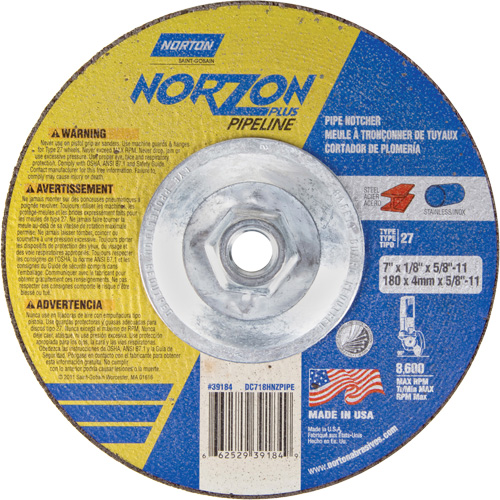 Meule &agrave; tronçonner &agrave; angle droit NorZon Plus SGZ, 7" x 1/8", Arbre de 5/8"-11, Type 27/42, C&eacute;ramique d'alumine, 8600 Tr/min Dufferin Supply