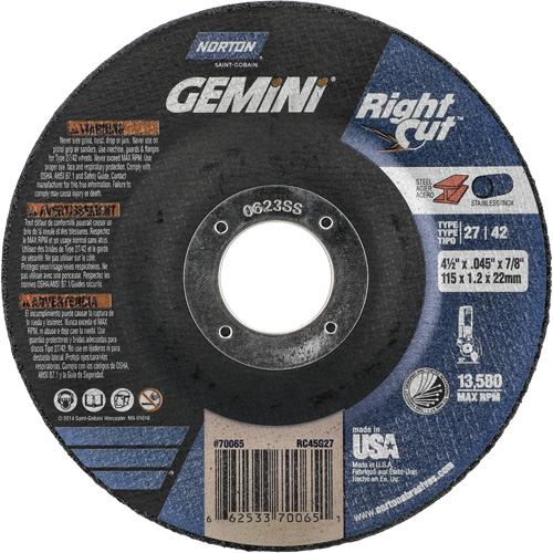 Meule &agrave; tronçonner pour coupe &agrave; angle droit RightCut Gemini, 4-1/2" x 0,045", Arbre de 7/8", Type 27/42, Oxyde d'aluminium, 13580 Tr/min Dufferin Supply