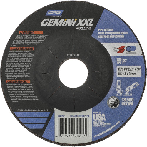 Gemini XXL Grinding & Cutting Wheel, 4-1/2" x 1/8", 7/8" Arbor, Type 27, Aluminum Oxide Dufferin Supply