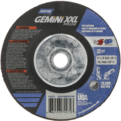 Disque combin&eacute; de meulage et tronçonnage Gemini XXL, 4-1/2" x 1/8", Arbre de 5/8"-11, Type 27, Oxyde d'aluminium Dufferin Supply