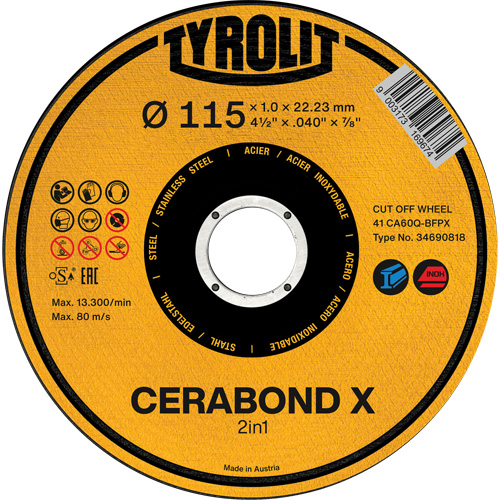 Meule &agrave; tronçonner CA60Q-BFPX CERABOND X, 4-1/2" x 0,039", Arbre de 7/8", Type 1 Dufferin Supply