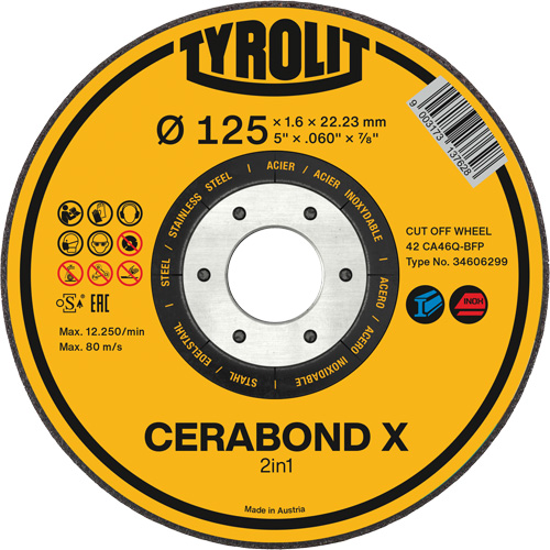 Meule &agrave; tronçonner pour acier et acier inoxydable CERABOND X, 5" x 0,45", Arbre de 7/8", Type 1, C&eacute;ramique, 12250 Tr/min Dufferin Supply