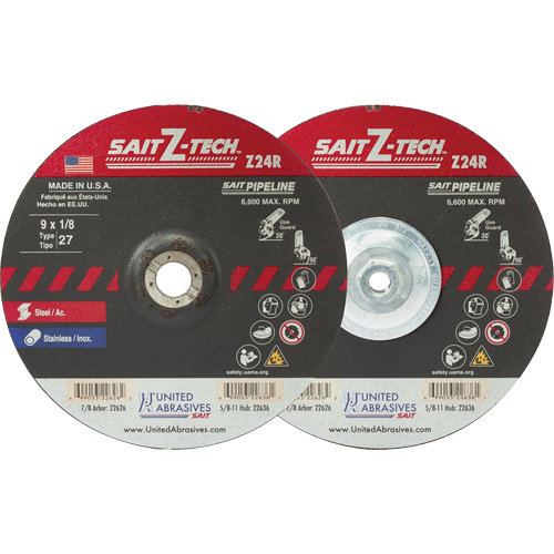Meule haute performance pour pipelines Sait Z-Tech, 7" x 1/8", Arbre 5/8"-11, Zirconium, Type 27 Dufferin Supply