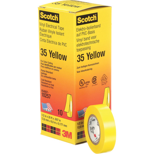 Rubans en vinyle pour codage en couleurs 35 Scotch, 12,7 mm (1/2") x 6,1 m (20'), Jaune, 7 mils Dufferin Supply