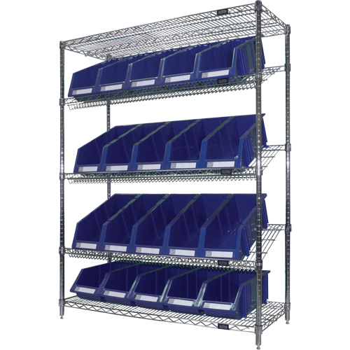 Slanted Wire Shelf with Bins, 5 Tiers, 48" W x 63" H x 18" D Dufferin Supply
