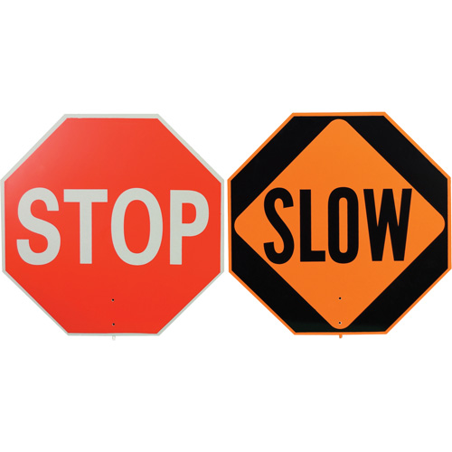 Double-Sided "Stop/Slow" Traffic Control Sign, 18" x 18", Plastic, English with Pictogram Dufferin Supply