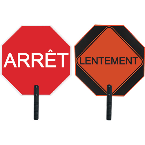 Double-Sided "Arr&ecirc;t/Lentement" Traffic Control Sign, 18" x 18", Aluminum, French with Pictogram Dufferin Supply