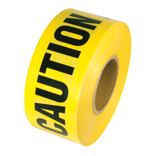 Reinforced Grade Barricade Tape, English, 3" W x 500' L, 5 mils, Black on Yellow Dufferin Supply