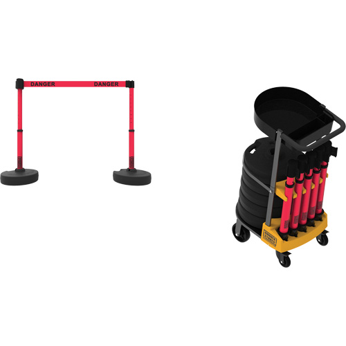 Syst&egrave;me de barri&egrave;re &agrave; chariot portatif avec plateau Plus, 75' lo, M&eacute;tal/Plastique, Rouge Dufferin Supply
