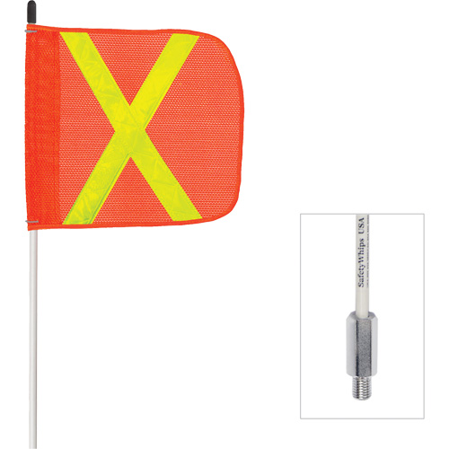 Fanion &agrave; tige en fibre de verre non aliment&eacute; Safety Whip, Fixation Filet&eacute;, Hauteur 6', Orange avec X r&eacute;fl&eacute;chissant Dufferin Supply