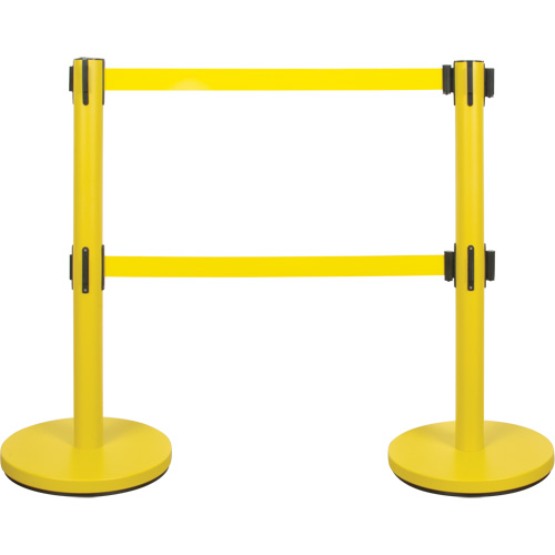 Barri&egrave;re pour le contr&ocirc;le des foules &agrave; courroie double, Acier, 35" h, Ruban Jaune, Longueur du ruban 7' Dufferin Supply