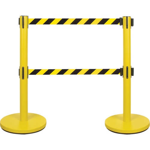 Dual Belt Crowd Control Barrier, Steel, 35" H, Black/Yellow Tape, 7' Tape Length Dufferin Supply