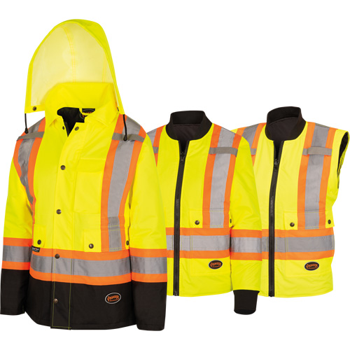 5021BBW Manteau 7 en 1 imperm&eacute;able pour femmes avec capuchon, Polyester/Polyur&eacute;thane, Jaune lime haute visibilit&eacute;, T-petit Dufferin Supply