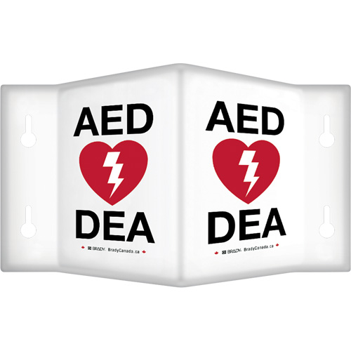 Enseigne &agrave; projection sur 90°  AED/ DEA , 6" x 5", Plastique, Bilingue avec pictogramme Dufferin Supply