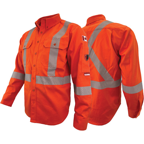 Chandail de travail &agrave; manches longues ignifuge et r&eacute;sistant &agrave; l'arc &eacute;lectrique avec bandes de 2" Atlas Guardian, T-petit, Orange haute visibilit&eacute; Dufferin Supply