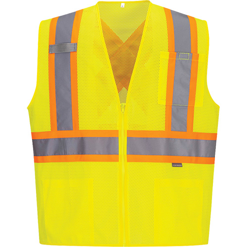 Contrast-Striped Safety Vest, High Visibility Lime-Yellow, Small, Polyester Dufferin Supply