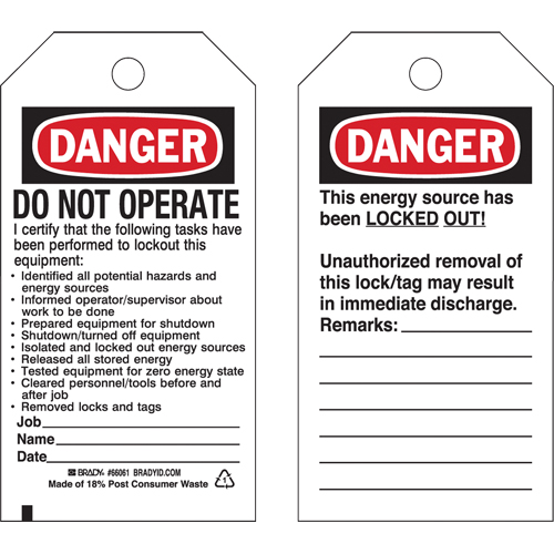 &eacute;tiquettes de verrouillage, Plastique, 3" la x 5-3/4" h, Anglais Dufferin Supply