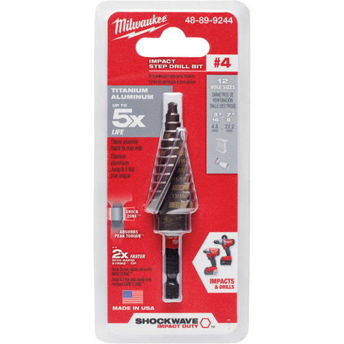 #4 Shockwave Impact Duty Step Drill Bit, 3/16" - 7/8" , 1/16" Increments, Titanium Dufferin Supply