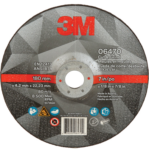 Cut & Grind Wheel, 7" x 1/8", 7/8" Arbor, Type 27, Ceramic Dufferin Supply