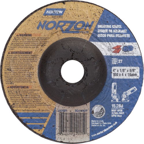 NorZon Plus SGZ Grinding Wheel, 4" x 1/8", 5/8" Arbor, Ceramic Alumina, Type 27 Dufferin Supply